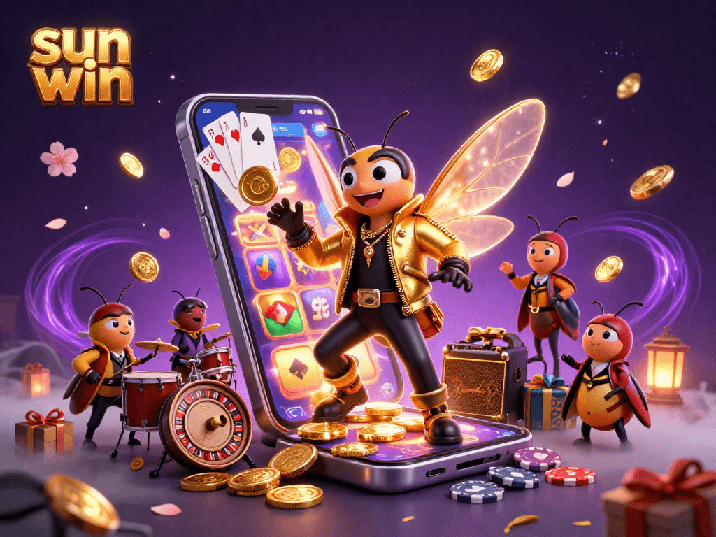 Engage in thrilling gameplay with Sun Win, featuring a vibrant 3D casino scene of rock stars and slots.