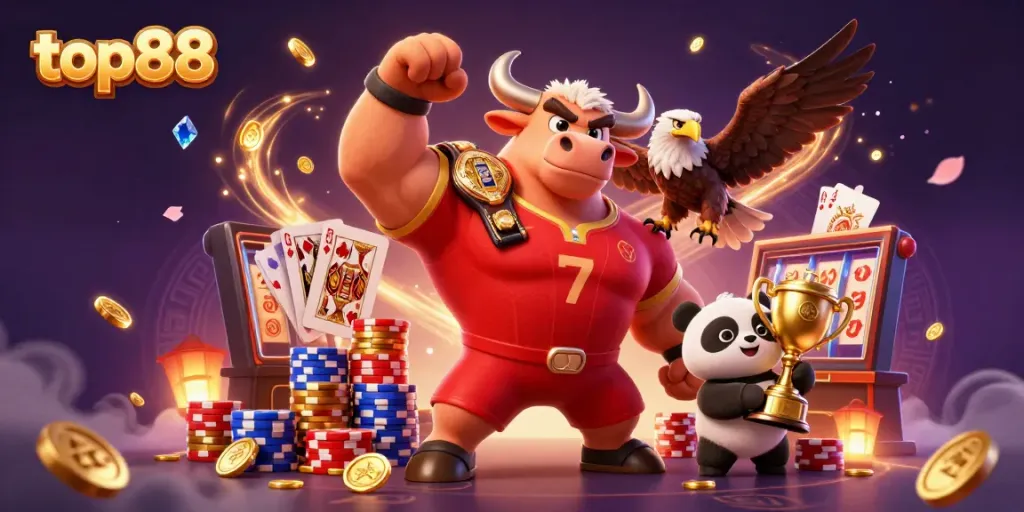 Celebrate wins at top88 with a 3D bull mascot and vibrant casino elements
