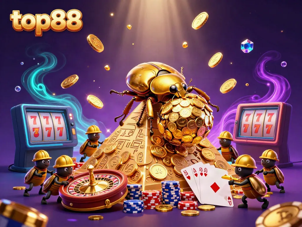 Join the excitement in top88's casino world with dynamic beetles rolling gold coins, spinning roulette, and winning cards!