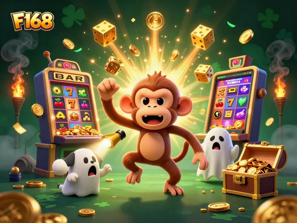 Experience F168's festive winnings with a playful ghost and charismatic puppy in a bustling casino scene.