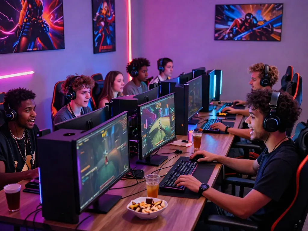 Group of diverse friends playing rokok88 online games in a vibrant, LED-lit room.