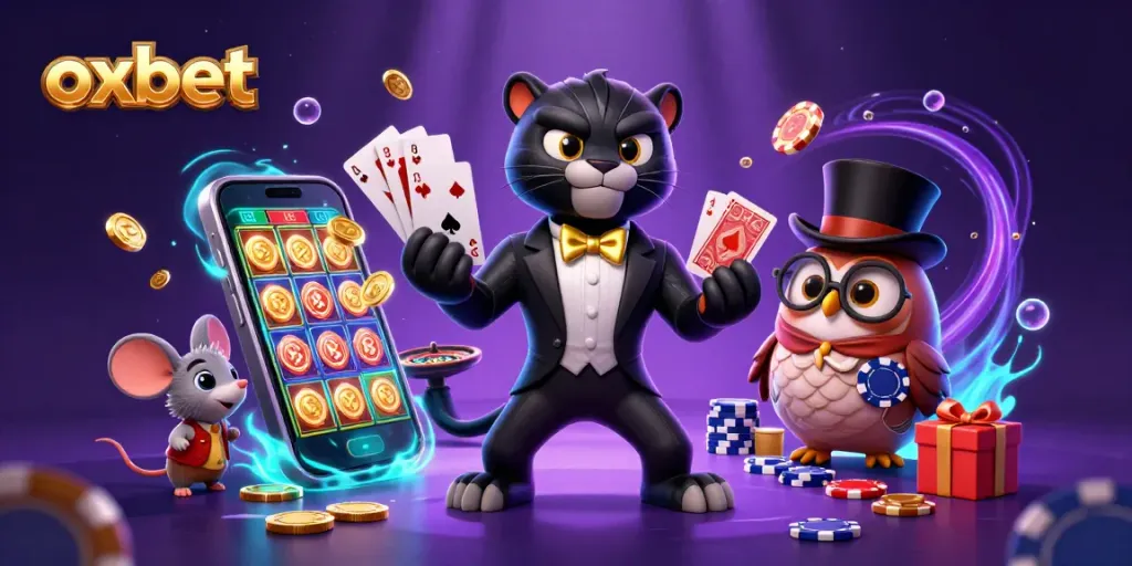 Spin and win with OXBET’s dynamic gaming scene featuring a stylish panther dealer and fun characters.