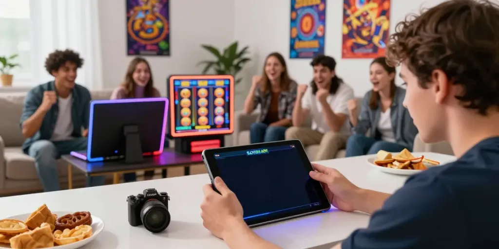 Exciting player using SLOT88 APK on a tablet in a colorful gaming space