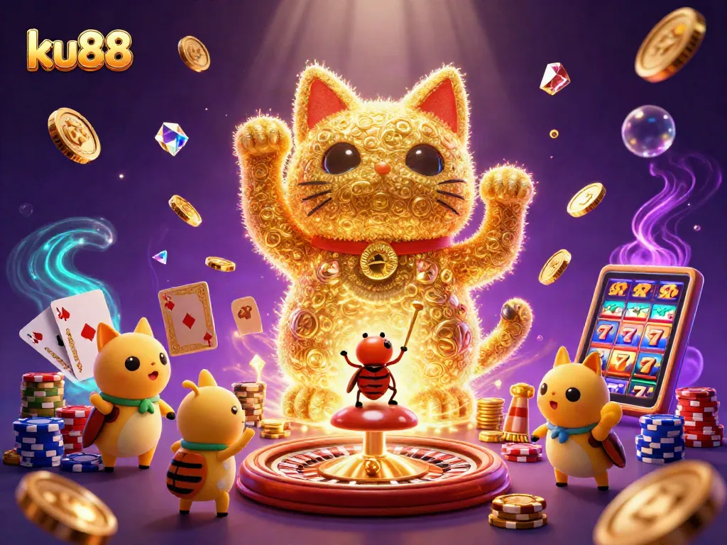 ku88 embraces vibrant gaming with a dynamic lucky cat and casino symbols exploding in gold and gems.