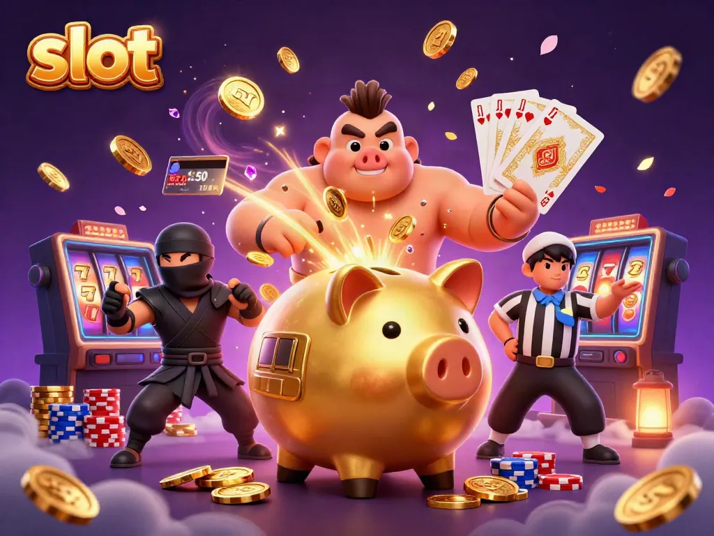Experience thrilling slot action with a golden sumo wrestler character amidst flying coins and vibrant casino elements.