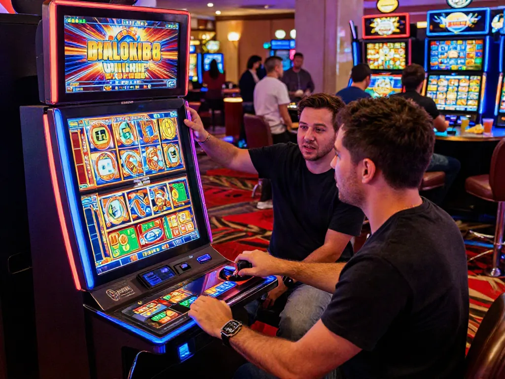 Exciting casino scene featuring rokok88 slot games with diverse players.