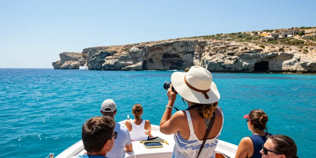 Experience a breathtaking Malta Gozo tour with travelers on a boat against stunning coastal views.