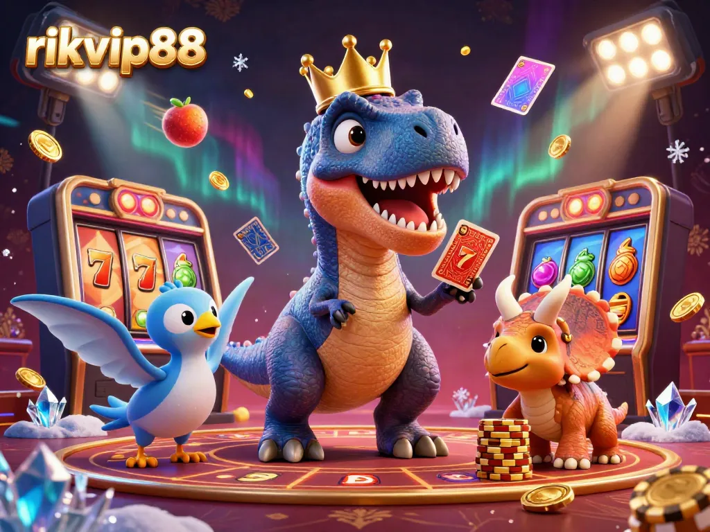 Engage with rikvip88's exciting casino scene featuring a T-Rex shuffling cards and chips.