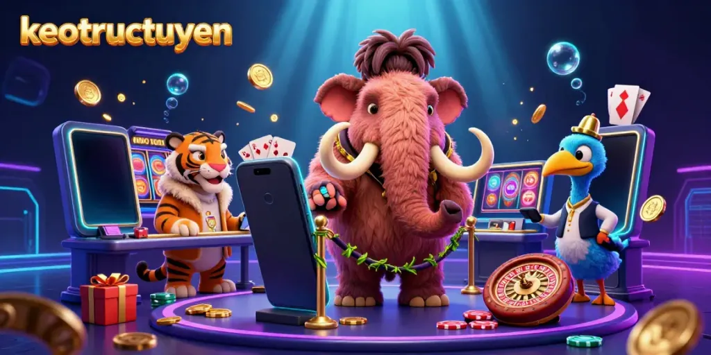 Engage with the vibrant 3D scene featuring the keotructuyen cartoon characters in a lively casino setting.