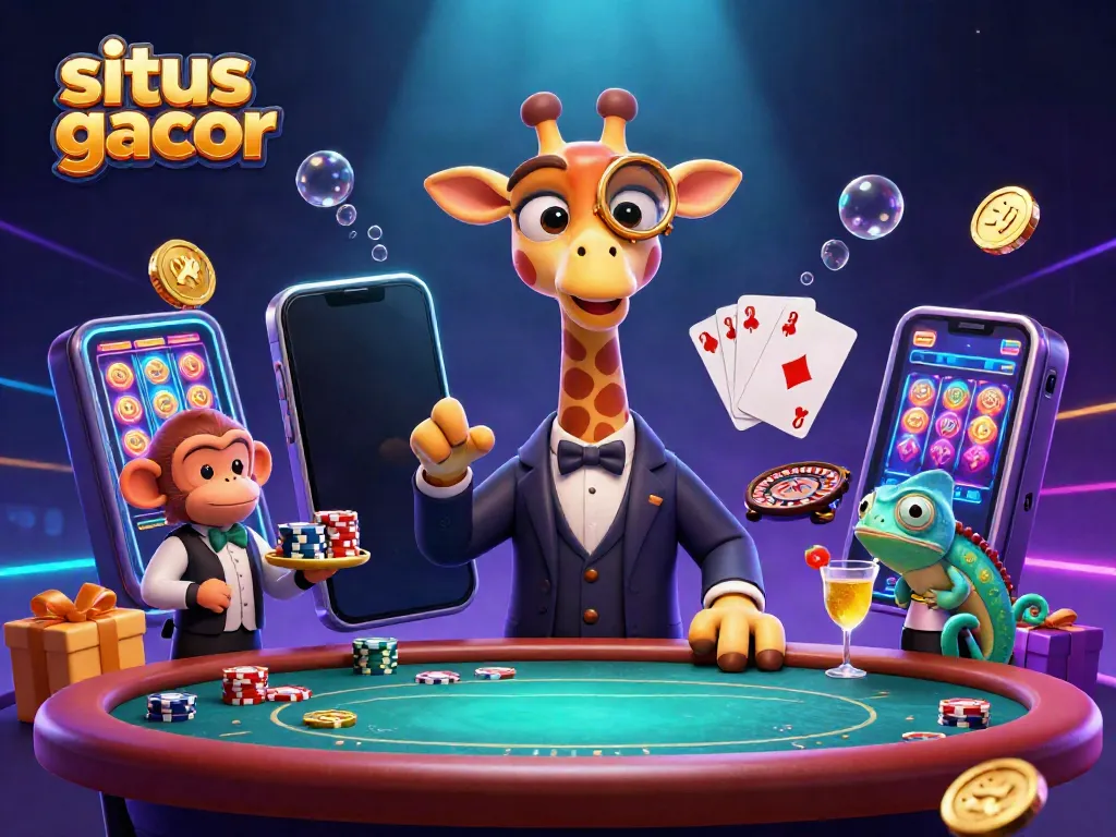 Experience winning moments at situs gacor, featuring a high-roller giraffe at a VIP poker table amidst vibrant casino elements.