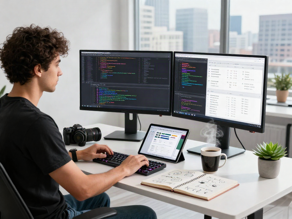 Innovative workspace showcasing a coder using crush ai technology on dual monitors, emphasizing productivity and creativity.