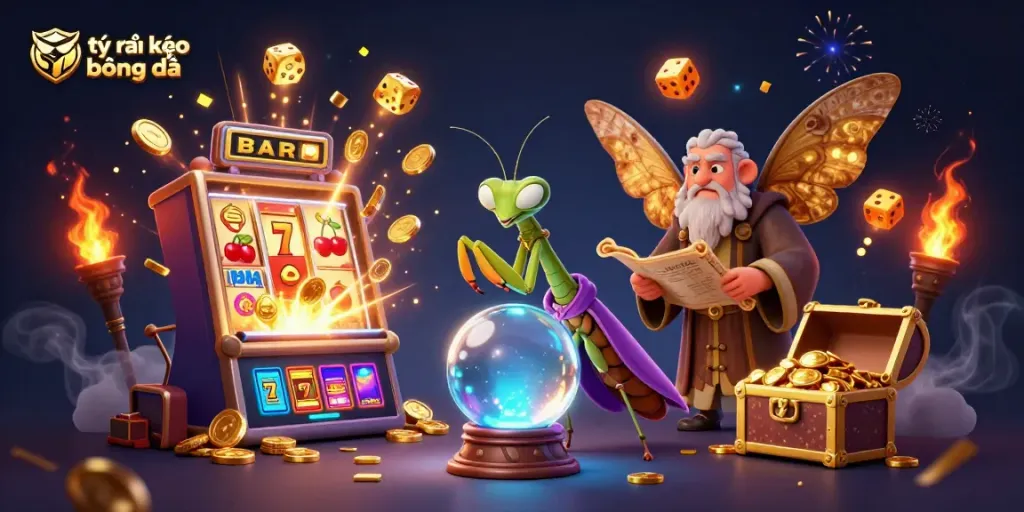 Engage in thrilling sports betting with tỷ lệ kèo bóng đá in this vibrant fantasy casino scene.