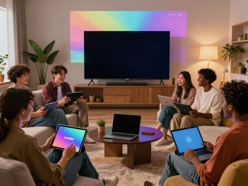 Diverse group enjoying digital entertainment experiences on rokok88, showcasing modern lounge atmosphere.