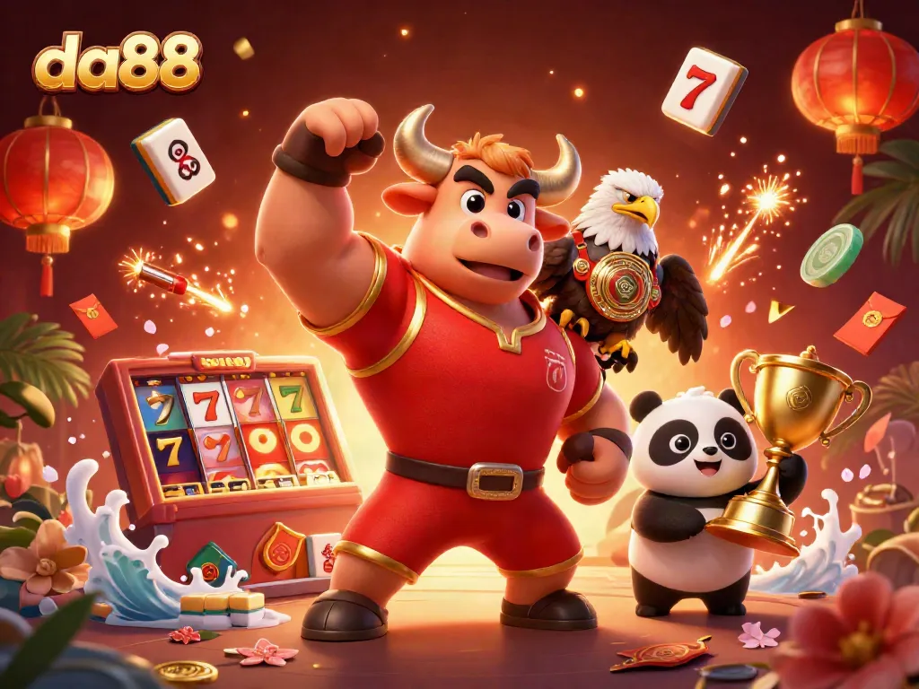 Engage in thrilling slots at da88 with our vibrant celebration featuring trophies and joyous characters.