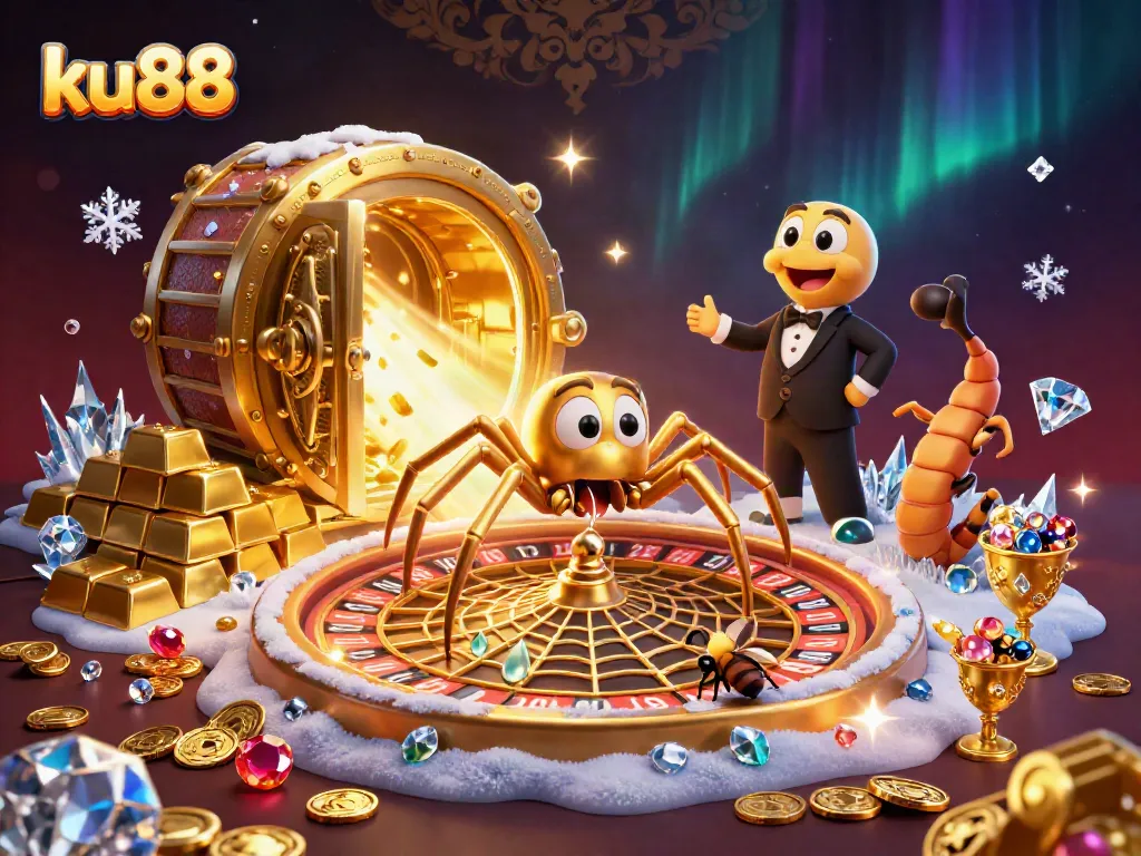 ku88 transforms gambling with an imaginative 3D scene showcasing a spider croupier spinning a roulette wheel.