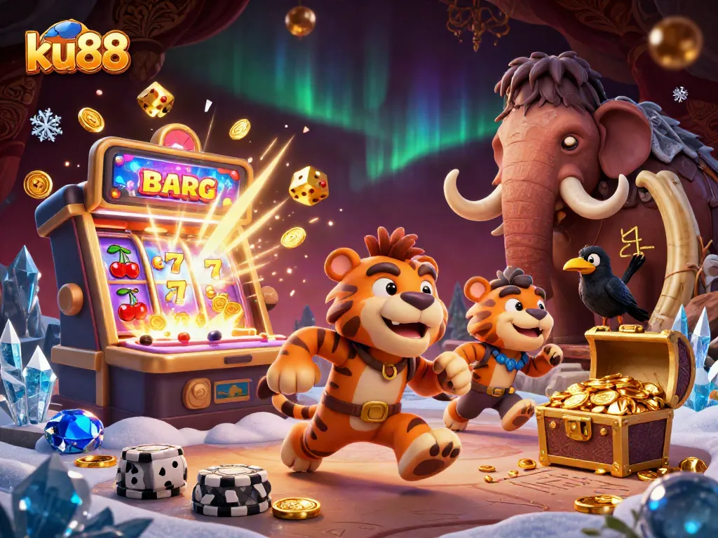 ku88 offers thrilling prehistoric casino action with cavemen, slot machines, and jackpot excitement.