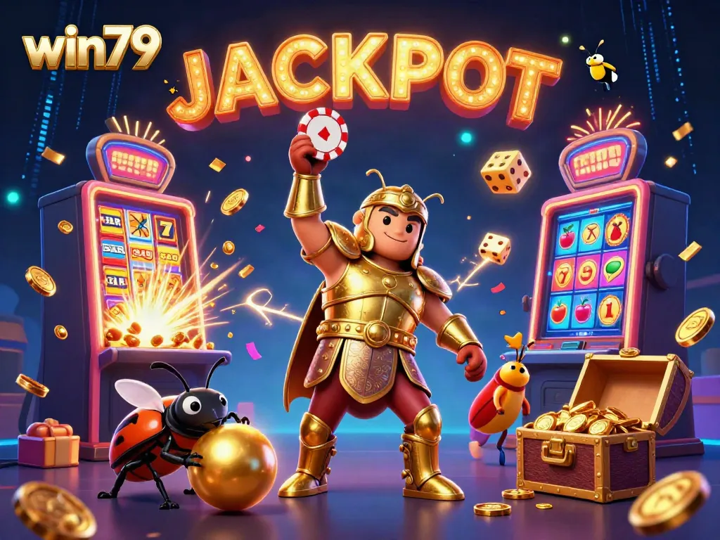 Win79's hercules beetle celebrates a jackpot win with vibrant casino elements and fireworks.