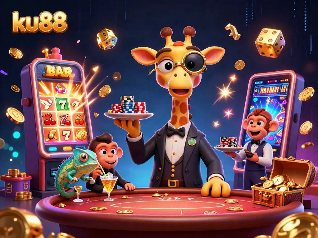 ku88 showcases a high-roller giraffe at a poker table amidst vibrant casino excitement, captivating players.