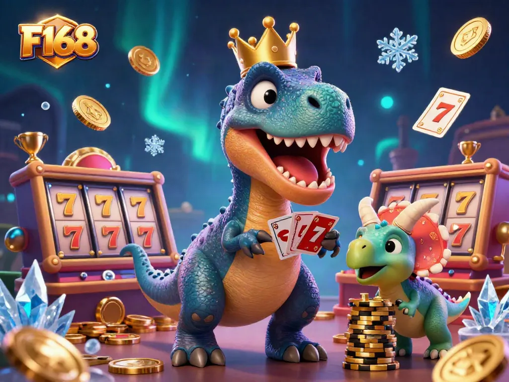 F168 shows a T-Rex and friends shuffling cards and stacking chips in an exciting casino scene.